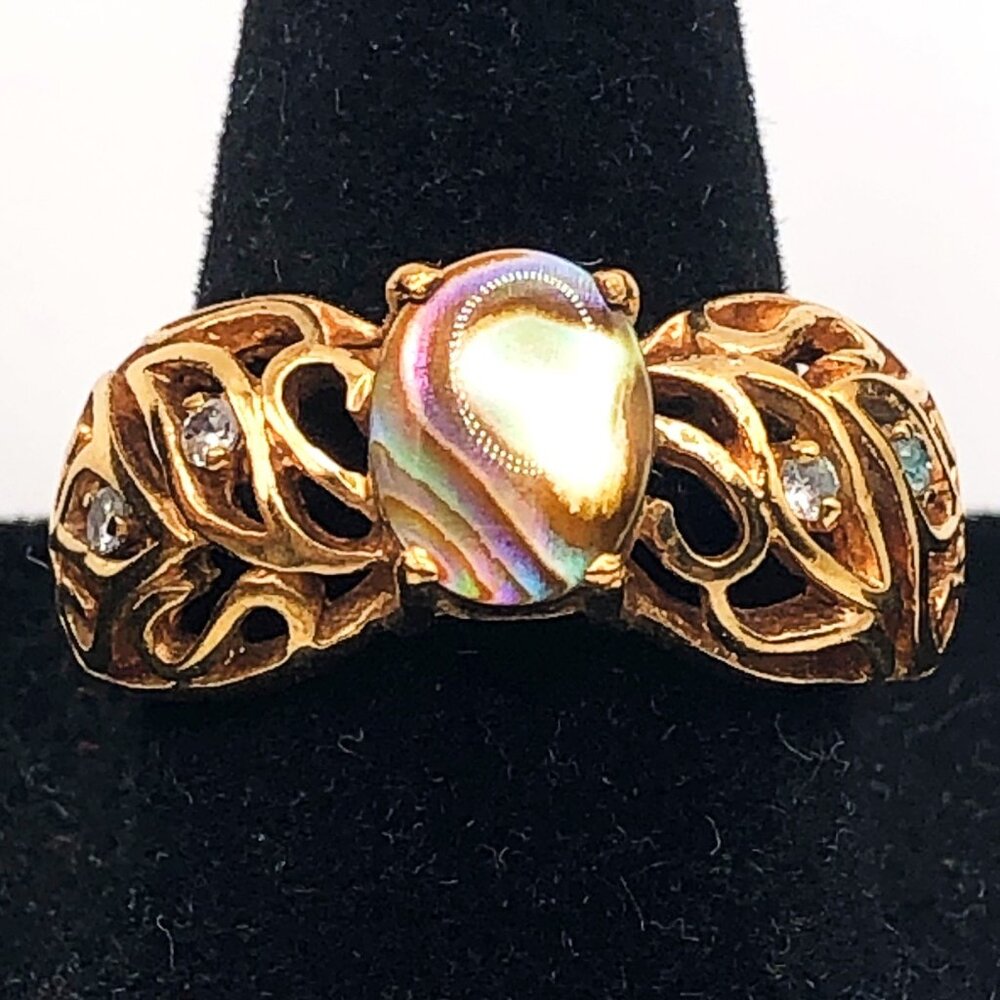 Gold-Tone Filigree Iridescent Shell Cocktail Ring Size 9.5